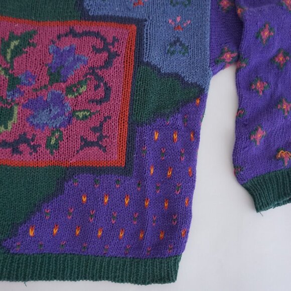 Vintage Woolrich Purple Green Floral Knit Cotton Blend Crewneck Sweater L - Picture 6 of 10